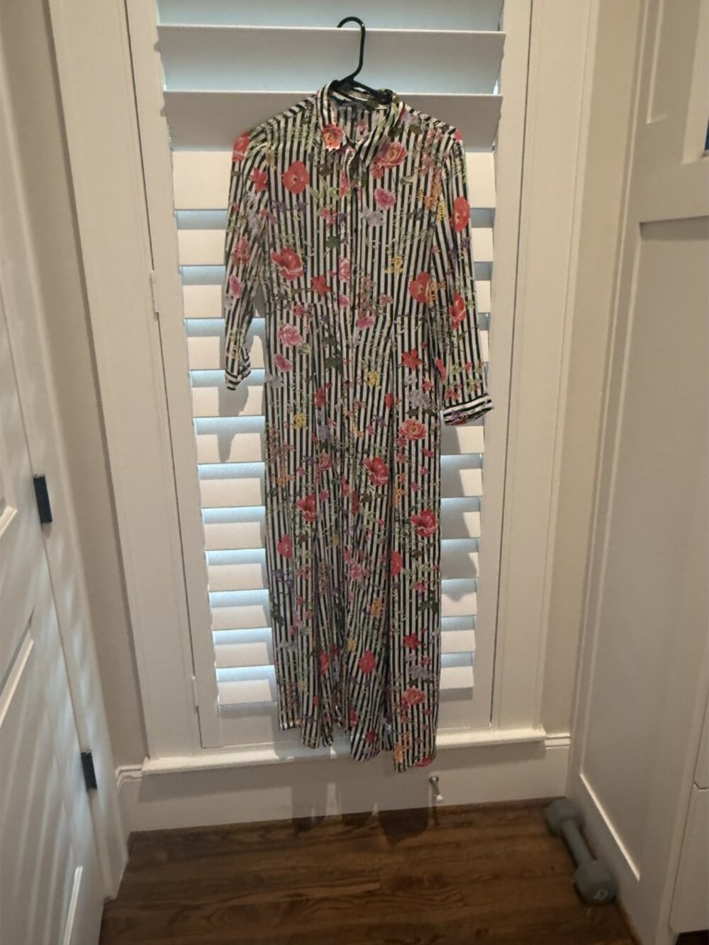 Zara Striped Floral Print Midi Shirt Dress Button Front 3/4 Sleeve Small